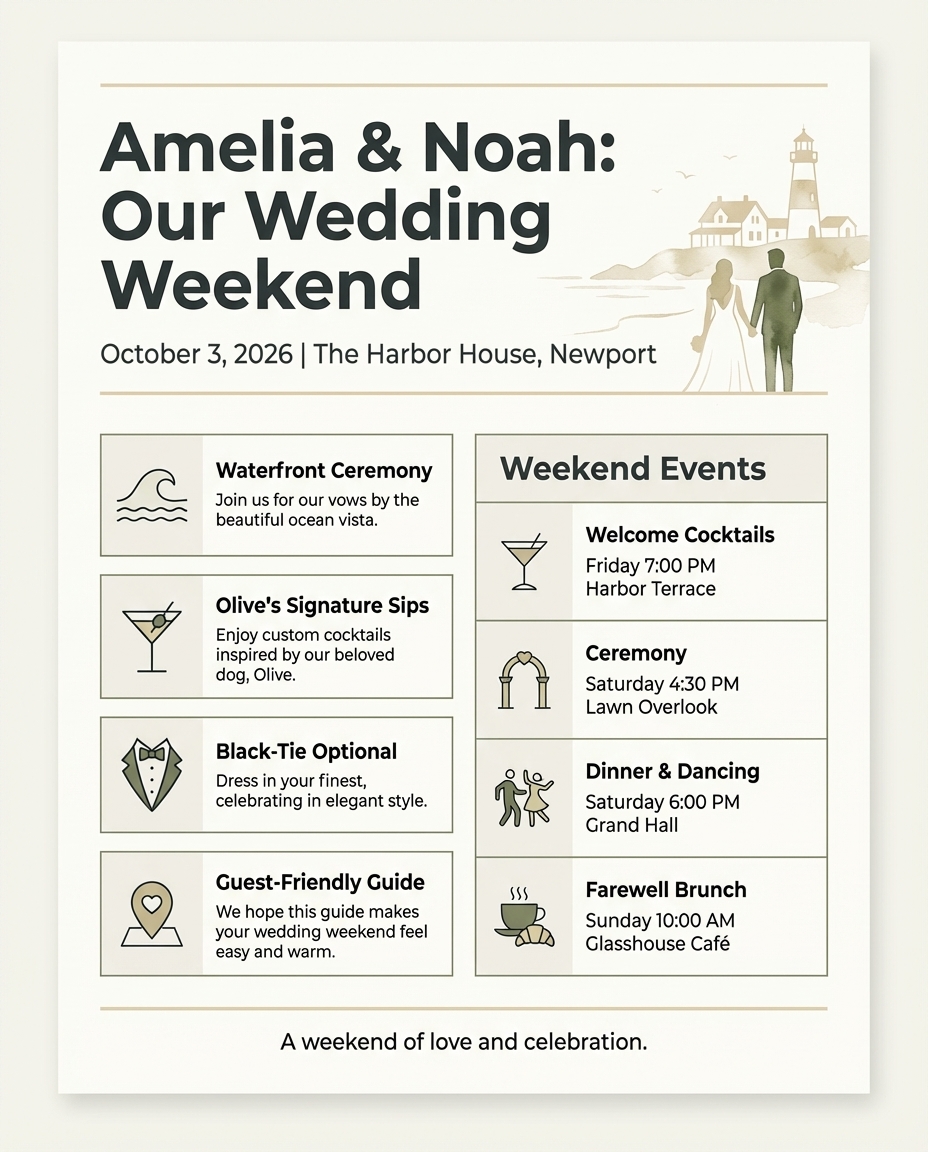 Wedding Itinerary Wording Examples for Weekend Signs & Posters